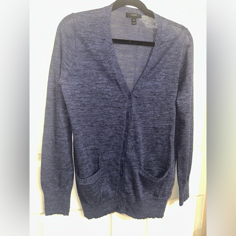 J. Crew Blue linen blend button front Cardigan M spring